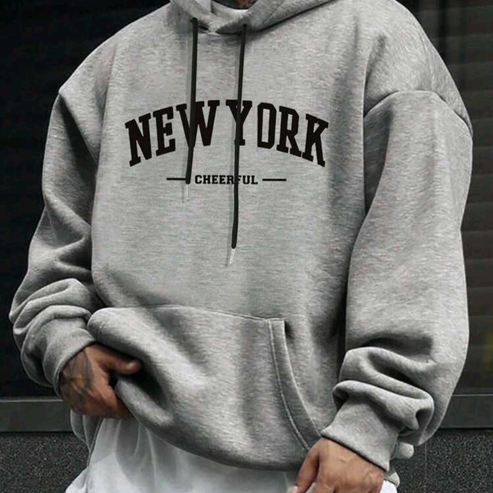 Men's Letter Print Hooded Fleece Sweatshirt New York Light Grey Hoodie L